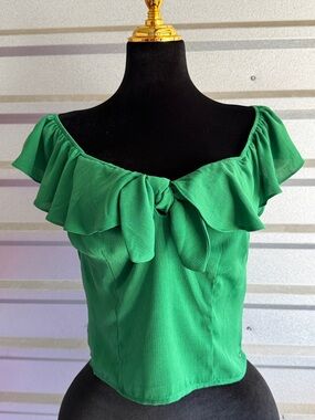 Guess Green Off-Shoulder Ruffle Tie-Front Crop Top